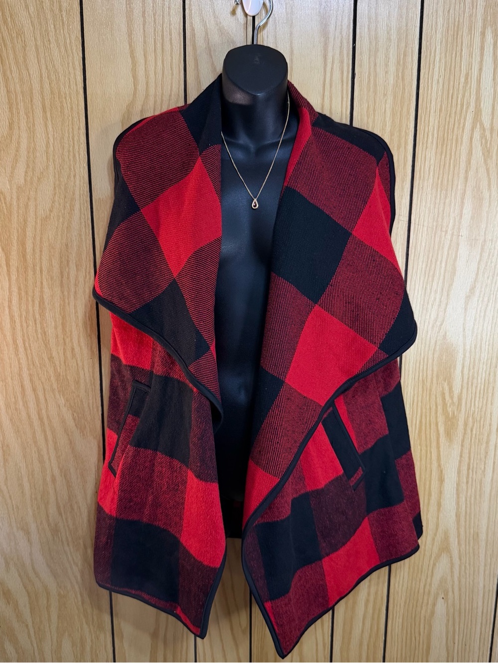 Red and Black Buffalo Plaid Open Front Women's Wrap Coat